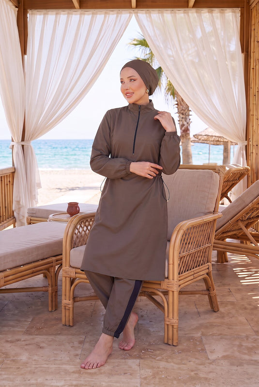 Halve Rits Verstelbare Taille Modest Badpak Kaki