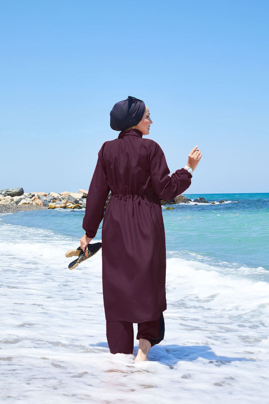 Maillot de bain modeste à taille ajustable et demi-fermeture éclair bordeaux foncé