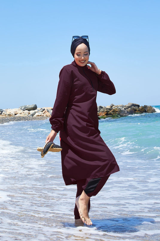 Maillot de bain modeste à taille ajustable et demi-fermeture éclair bordeaux foncé