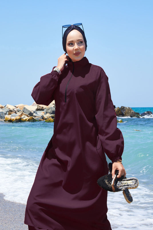 Maillot de bain modeste à taille ajustable et demi-fermeture éclair bordeaux foncé