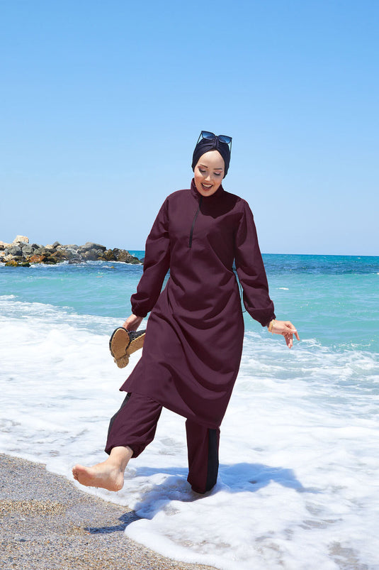 Maillot de bain modeste à taille ajustable et demi-fermeture éclair bordeaux foncé