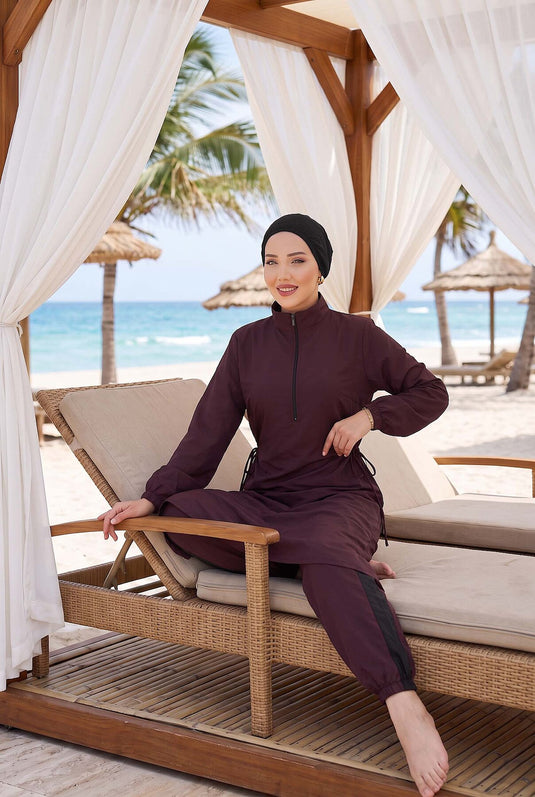 Half Zipper Adjustable Waist Modest Swimsuit Burgundy