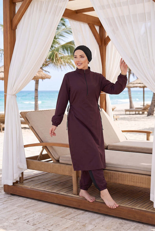 Half Zipper Adjustable Waist Modest Swimsuit Burgundy