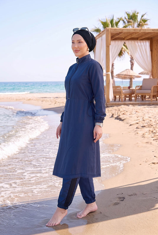 Halve Rits Verstelbare Taille Modest Zwemkostuum Navy