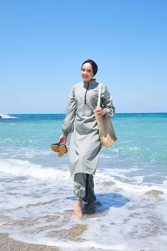 Half Zipper Waist Adjustable Modest Swimsuit Mint