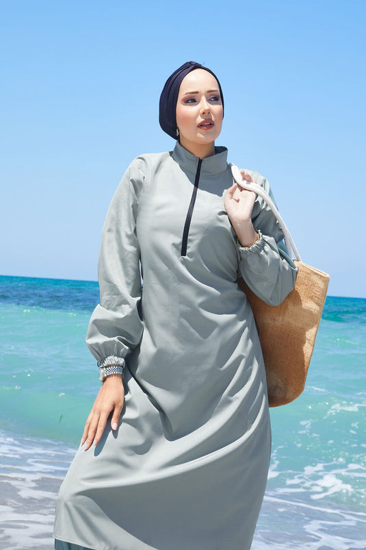 Half Zipper Waist Adjustable Modest Swimsuit Mint