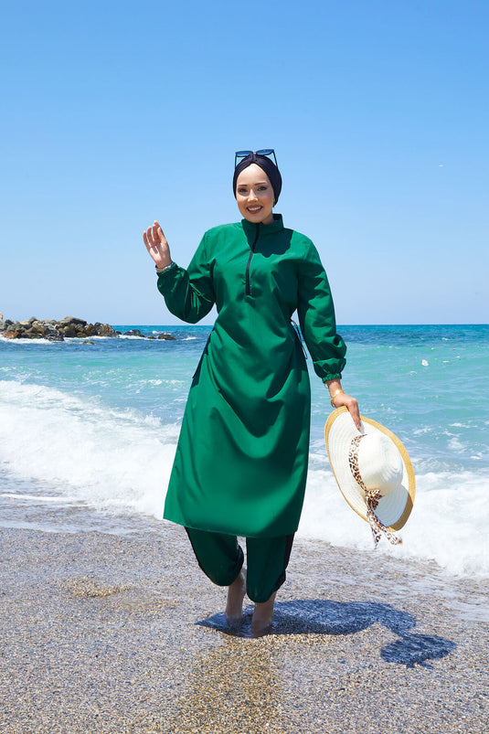 Half Zipper Waist Adjustable Modest Swimsuit Emerald