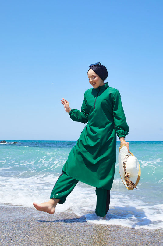 Maillot de bain modeste à taille ajustable et demi-fermeture éclair émeraude