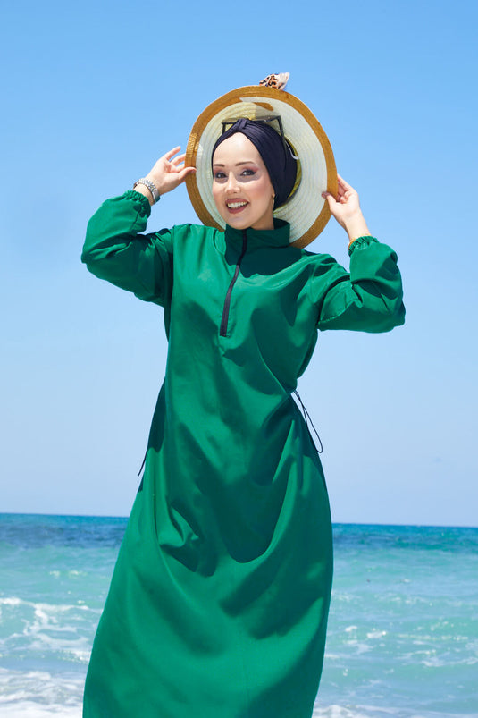 Maillot de bain modeste à taille ajustable et demi-fermeture éclair émeraude