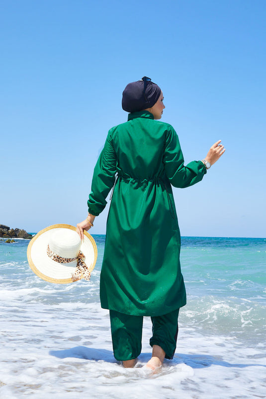 Yarım Fermuarlı Beli Ayarlanabilir Tesettür Mayo Zümrüt