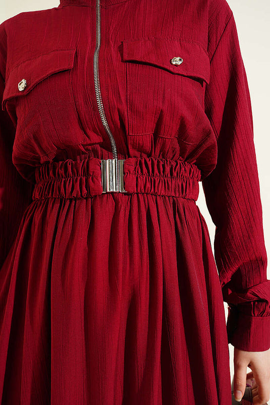 Half-Zip Elastic Waist Dress Burgundy