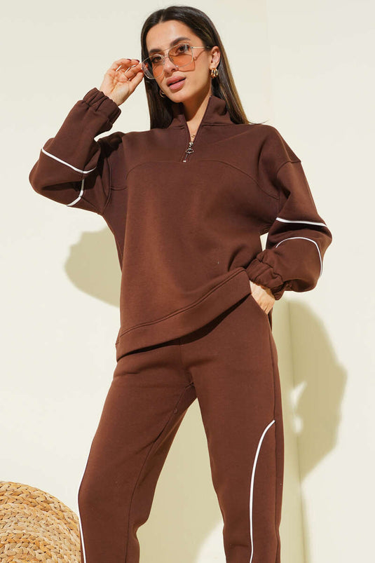 طقم مزدوج بخيط ثلاثي مع حافة نصف سحاب بني