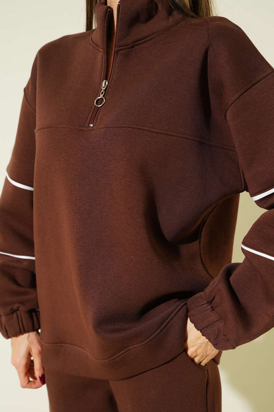 طقم مزدوج بخيط ثلاثي مع حافة نصف سحاب بني