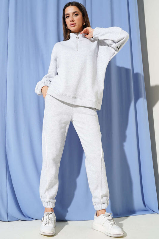 طقم مزدوج بخيط ثلاثي مع حافة وقفل نصف سحاب، رمادي ممزوج