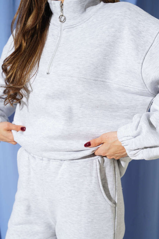 طقم مزدوج بخيط ثلاثي مع حافة وقفل نصف سحاب، رمادي ممزوج