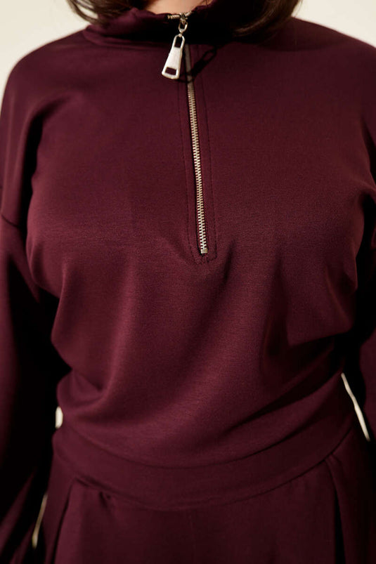 Ensemble deux pièces Loisha avec chemisier à demi-zip, bordeaux