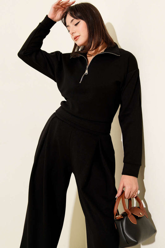 طقم لويشا من قطعتين مع بلوزة بنصف سحاب، أسود