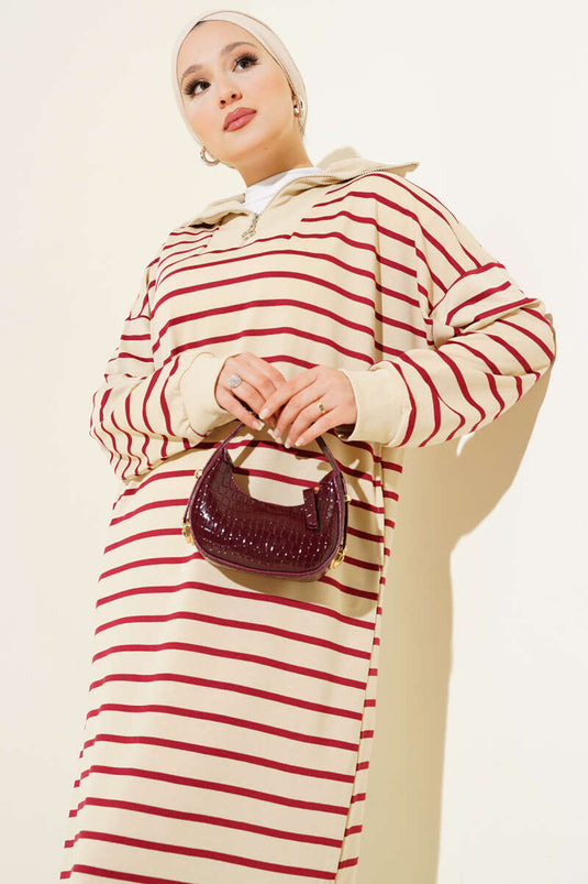 Robe décontractée rayée bordeaux à demi-zip
