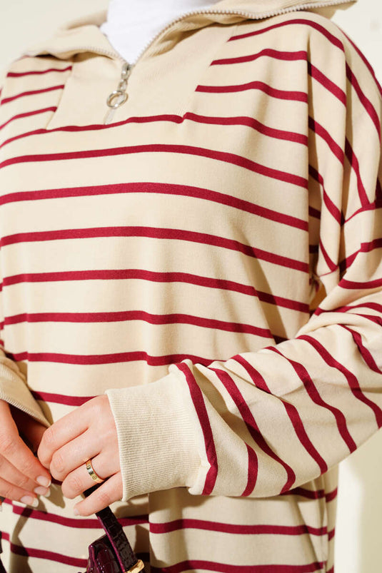 Robe décontractée rayée bordeaux à demi-zip