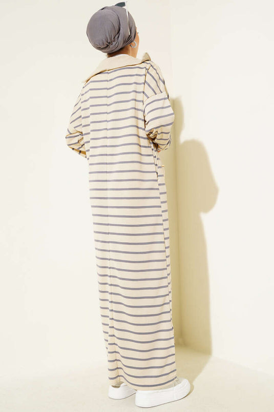 Robe décontractée rayée à demi-fermeture éclair, couleur gris ardoise