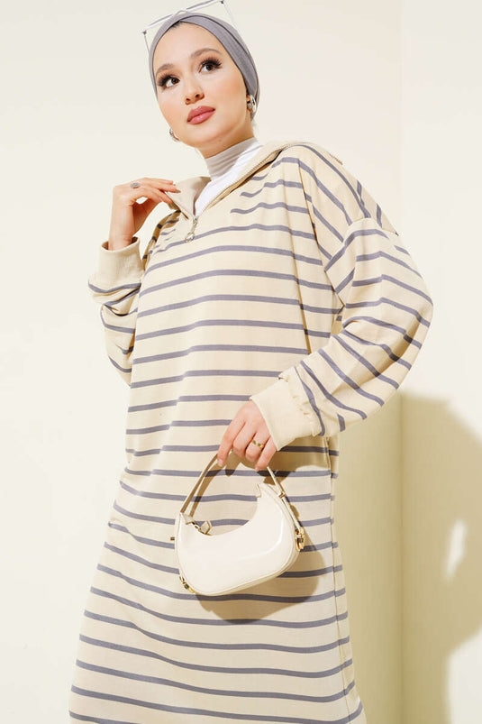 Robe décontractée rayée à demi-fermeture éclair, couleur gris ardoise