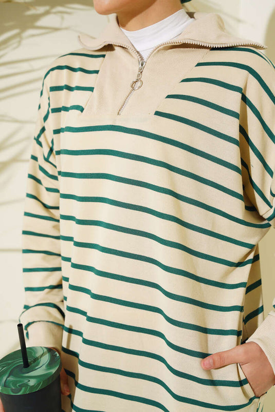 فستان كاجوال مخطط بسحاب نصفي، زمردي