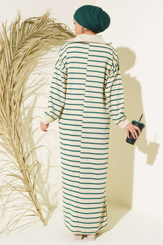 فستان كاجوال مخطط بسحاب نصفي، زمردي