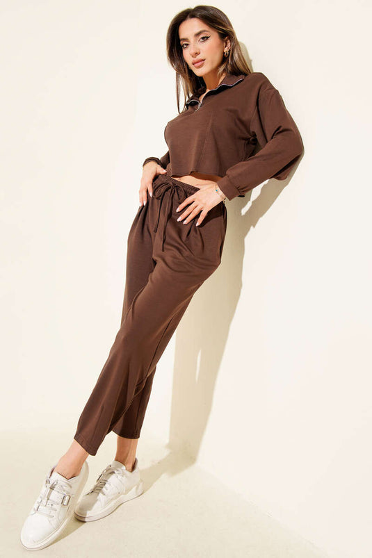 Yarım Fermuarlı Crop İkili Takım Kahve
