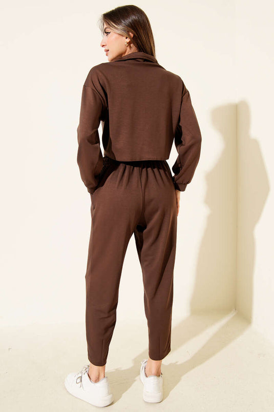 Ensemble deux pièces court à demi-zip couleur café