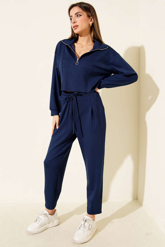 Ensemble deux pièces court à demi-zip, bleu marine