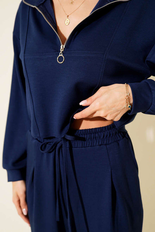 Ensemble deux pièces court à demi-zip, bleu marine