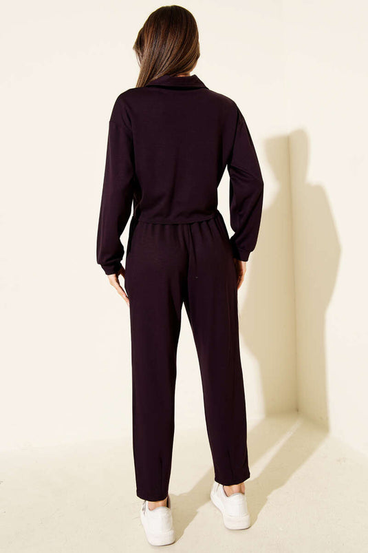 Ensemble deux pièces à demi-zip court couleur prune