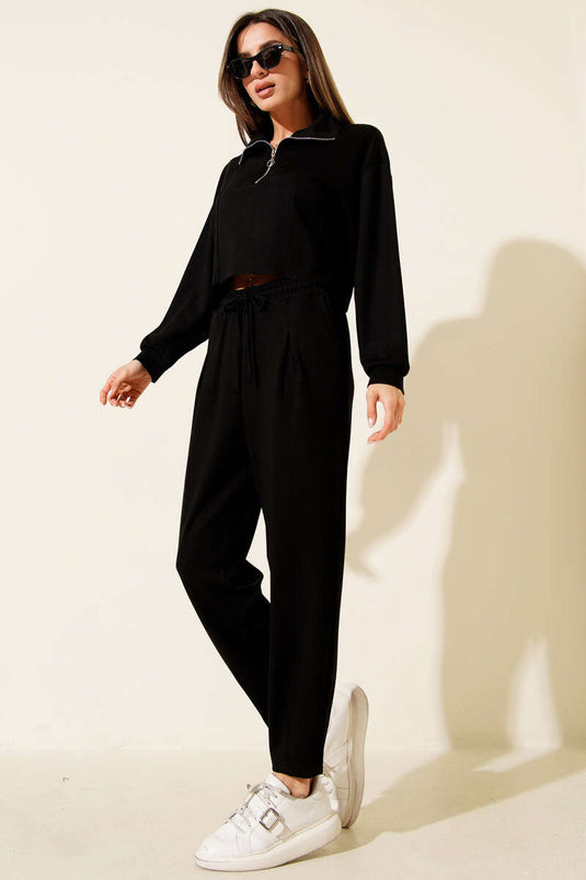 Ensemble deux pièces court à demi-zip, noir