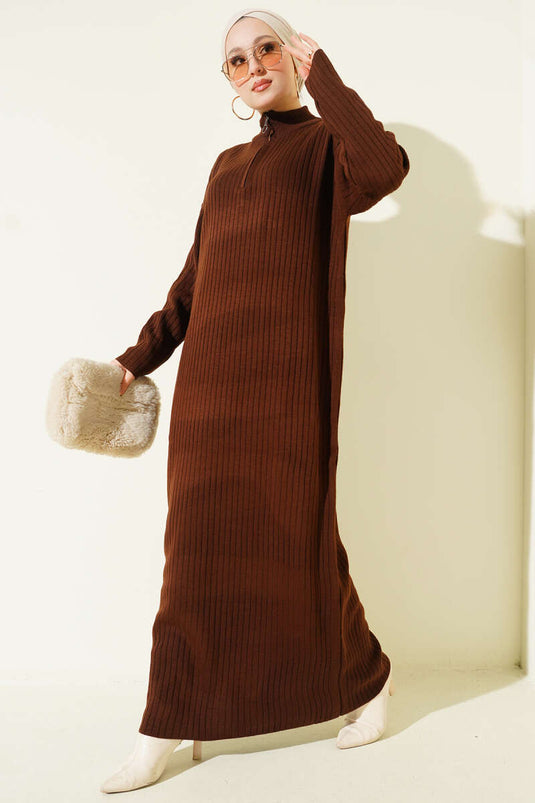 Half-Zip Ribbed Knit Dress, Brown
