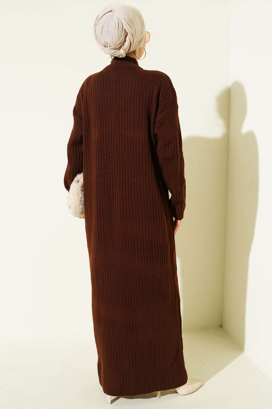Robe en maille côtelée à demi-zip, marron