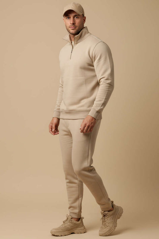 Sweat-shirt à demi-zip pour homme, beige
