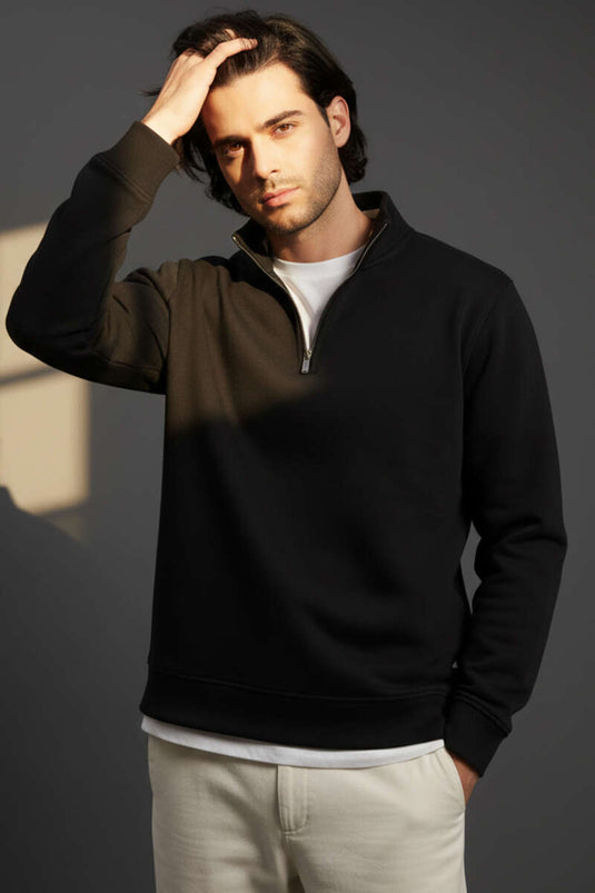 Yarım Fermuarlı Erkek Sweatshirt Siyah