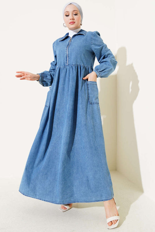 Rock mit halbem Reißverschluss und Tasche, Jeanskleid, Denim