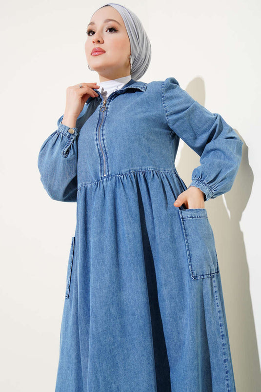 Rock mit halbem Reißverschluss und Tasche, Jeanskleid, Denim