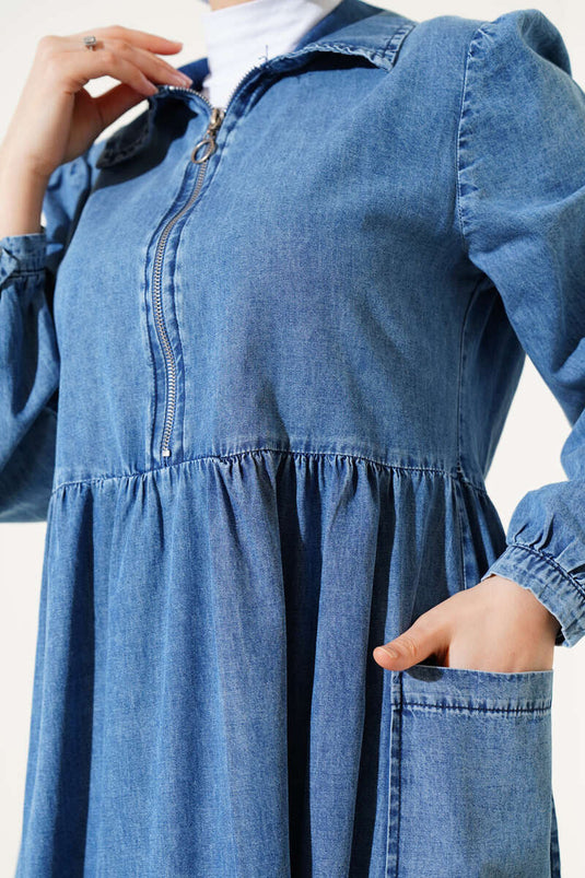 Rock mit halbem Reißverschluss und Tasche, Jeanskleid, Denim