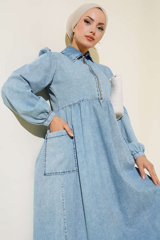 Jeanskleid mit halbem Reißverschluss und Tasche, Denimblau