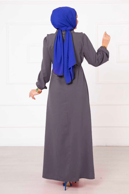 Yarım Fermuarlı Fırfır Detaylı Tesettür Elbise Füme