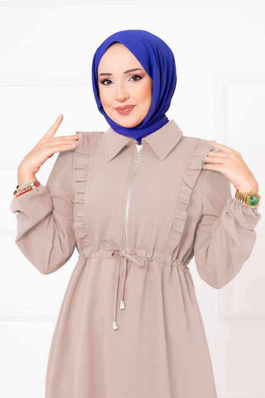 Robe hijab à volants et demi-fermeture éclair, couleur pierre