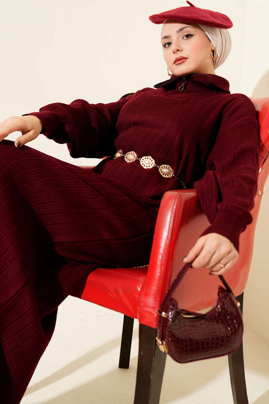 Robe en maille côtelée à demi-zip, bordeaux