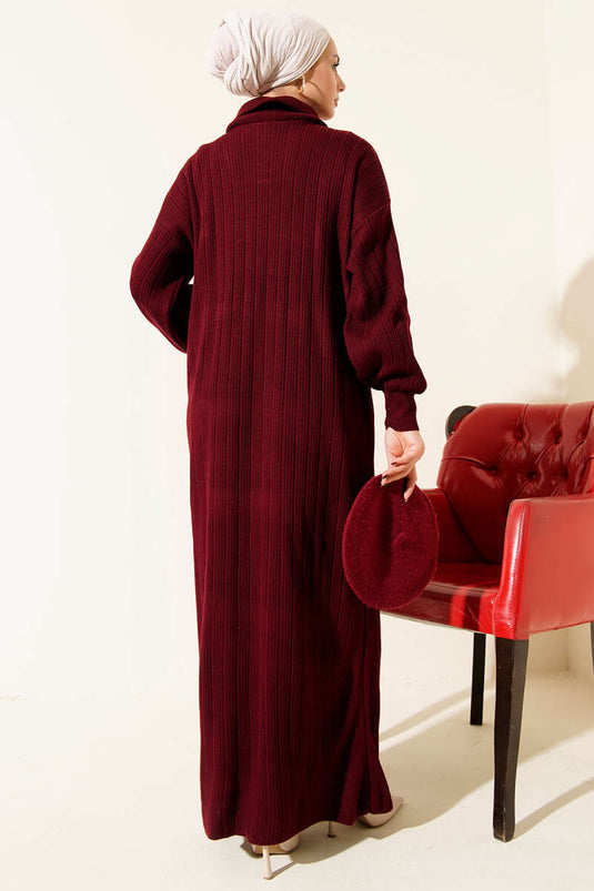 Robe en maille côtelée à demi-zip, bordeaux