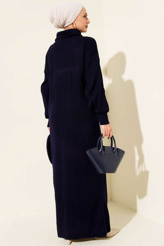 Robe en maille côtelée bleu marine à demi-zip