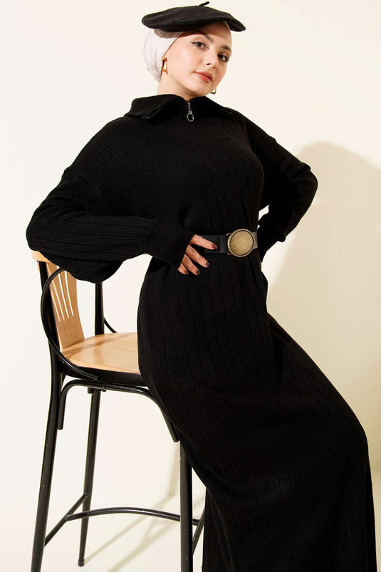 Robe en maille côtelée à demi-zip, noire