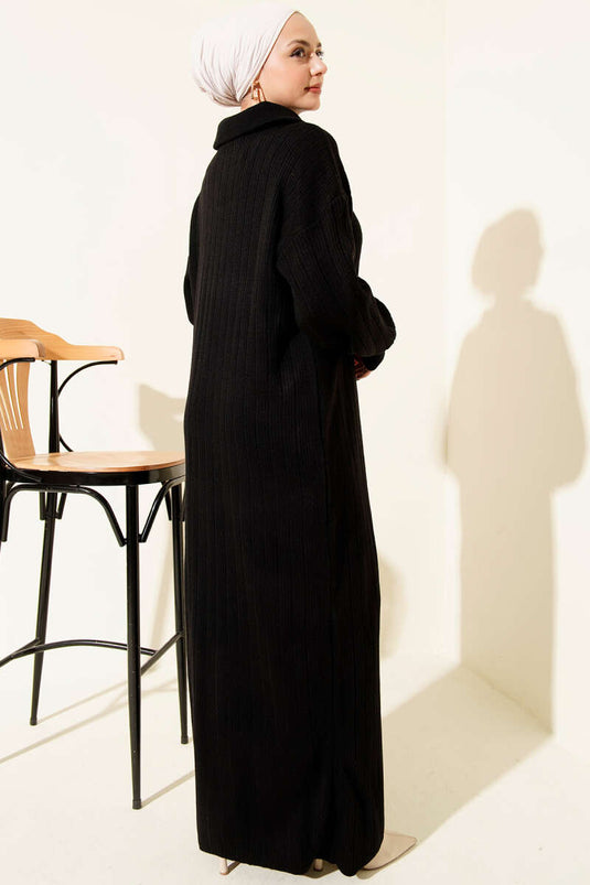 Robe en maille côtelée à demi-zip, noire