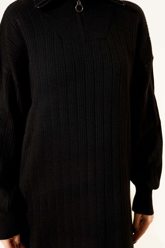 Yarım Fermuarlı Fitili Triko Elbise Siyah