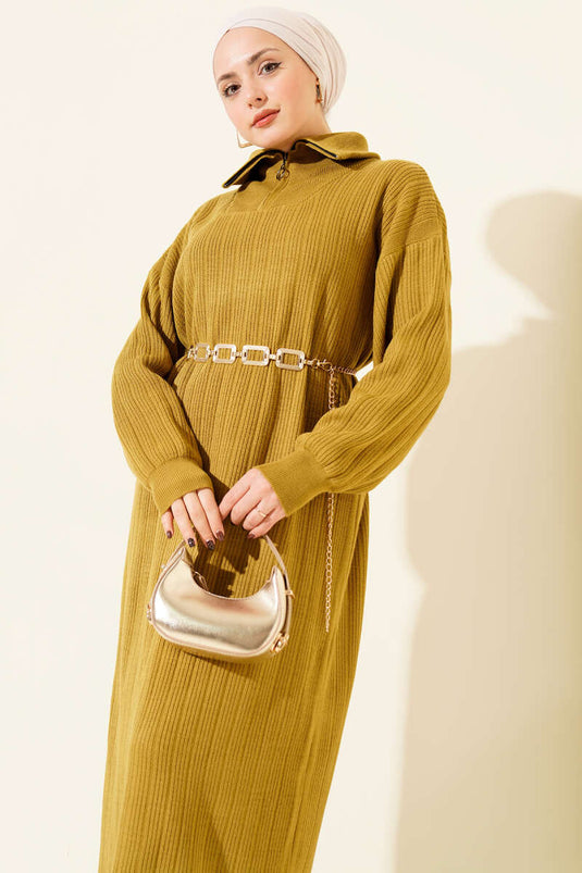 Robe en maille côtelée à demi-zip vert olive